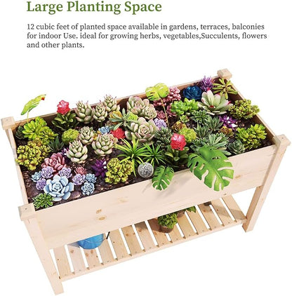 BIRASIL Outdoor Wood Raised Garden Bed, Elevated Reinforced Large Planter Box with Storage Shelf for Vegetable Flower Backyard Patio Gardening Balcony (48”L, Natural Wood)