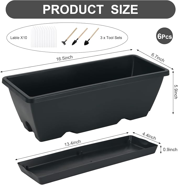 HOXHA Window Box Planter, 6 Pack 17inch Plastic Vegetable Flower Planter Boxes with Tray, Indoor Outdoor Flower Pots for Windowsill, Patio, Porch, Garden Balcony, Dark Gray