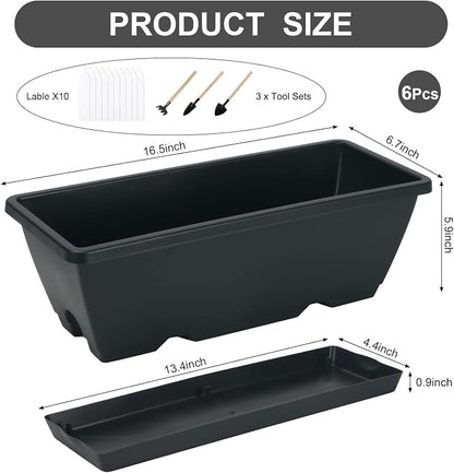 HOXHA Window Box Planter, 6 Pack 17inch Plastic Vegetable Flower Planter Boxes with Tray, Indoor Outdoor Flower Pots for Windowsill, Patio, Porch, Garden Balcony, Dark Gray