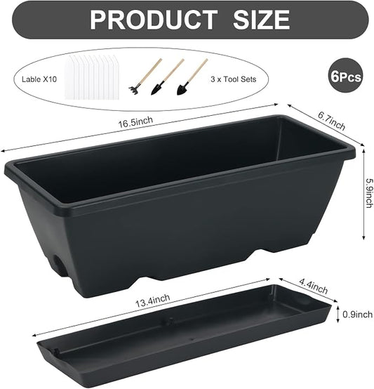 HOXHA Window Box Planter, 6 Pack 17inch Plastic Vegetable Flower Planter Boxes with Tray, Indoor Outdoor Flower Pots for Windowsill, Patio, Porch, Garden Balcony, Dark Gray