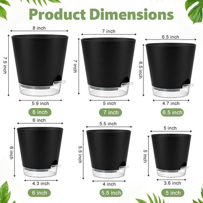 QRRICA 5/5.5/6/6.5/7/8 inch Self Watering Pot Set, Visible Water Level Planter with Transparent Reservoir & Drainage Holes, Plastic Flower Pots with Cotton Rope for Indoor/Outdoor Use (Black)