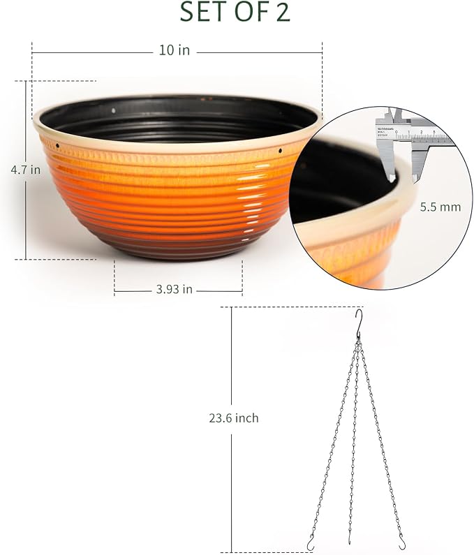 Vanslogreen 2 Pack Hanging Planters for Indoor Outdoor Plants, 10 Inch Hanging Planter with Drainage Hole & Plug Glazed Hanging Baskets Flower Pots for Garden Home, Orange