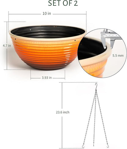 Vanslogreen 2 Pack Hanging Planters for Indoor Outdoor Plants, 10 Inch Hanging Planter with Drainage Hole & Plug Glazed Hanging Baskets Flower Pots for Garden Home, Orange