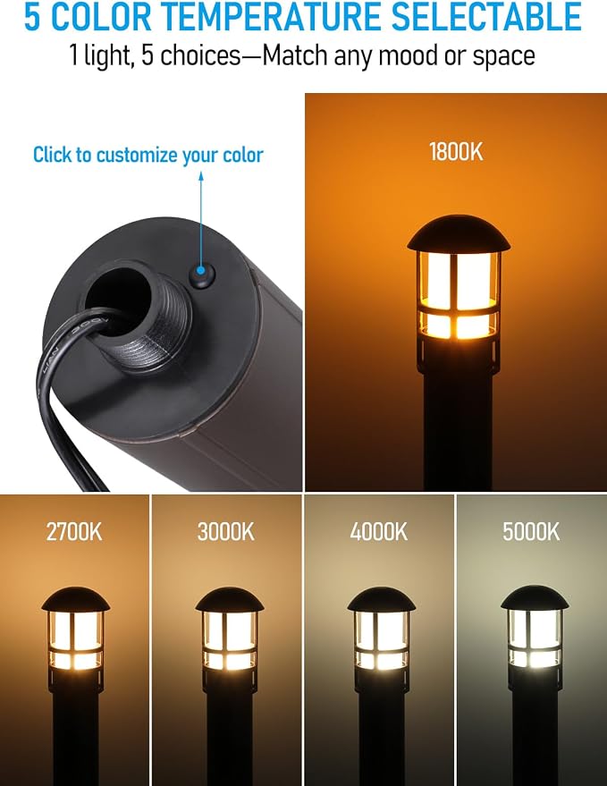 LEONLITE 12-Pack 5CCT Low Voltage Landscape Pathway Lights, 3W, CRI90 | 12-24V AC/DC, Aluminum, ETL, 1800K/2700K/3000K/4000K/5000K, Low Voltage LED Bollard Path Lights, for Walkway Yard Garden