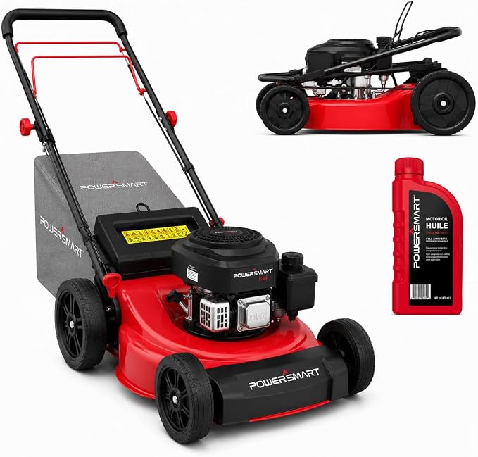 PowerSmart 21-Inch Gas Self-Propelled Lawn Mower, 170cc OHV Engine, Reinforced Steel Deck, 3-in-1 Bagging/Mulching/Rear Discharge, 6 Cutting Heights (1.5"–3.9"), 10" Rear Wheels, Foldable Handle