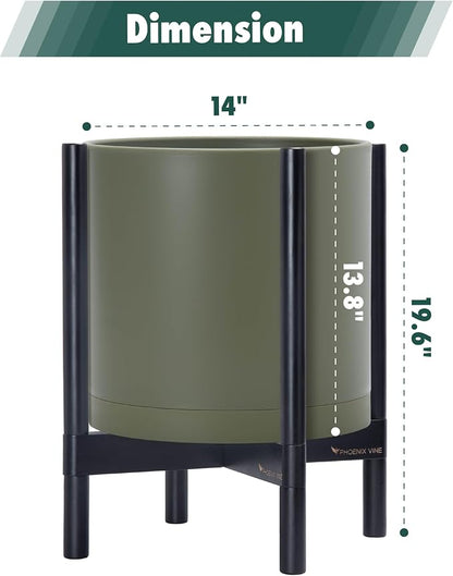 D'vine Dev Plastic Pot with Ebony Wood Stand, Olive, 14 in, 55-C-T-3 | Mid-Century Inspired Design, Elevated Plant Display, Clean Lines, Sturdy Support, Modern Space-Saving Style