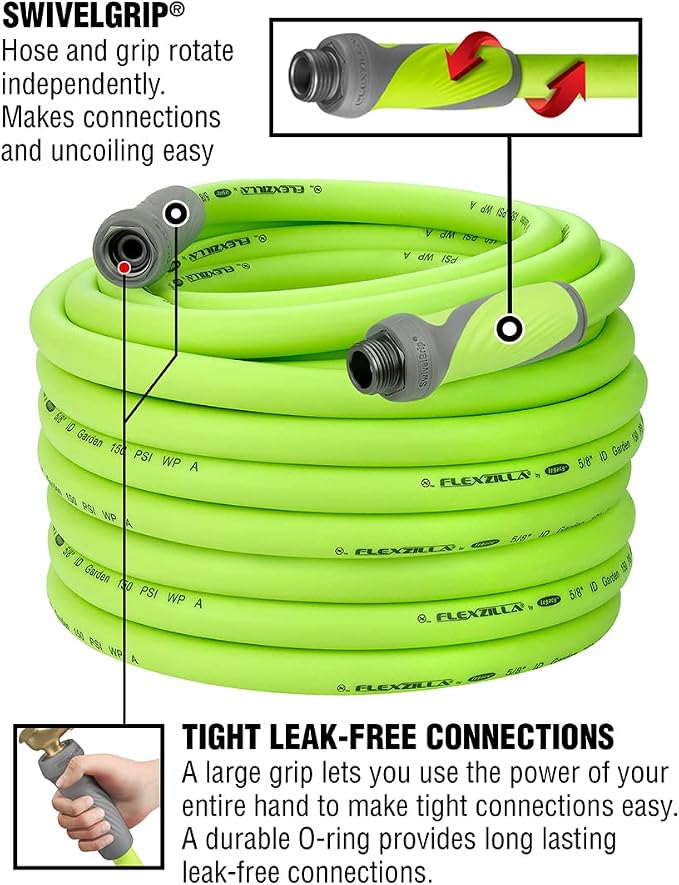 Liberty Garden Products 703-1 Multi-Purpose Steel Garden Wall/Floor Mount Hose Reel, Tan & Flexzilla Garden Hose with SwivelGrip, 5/8 in. x 100 ft., Heavy Duty, Lightweight