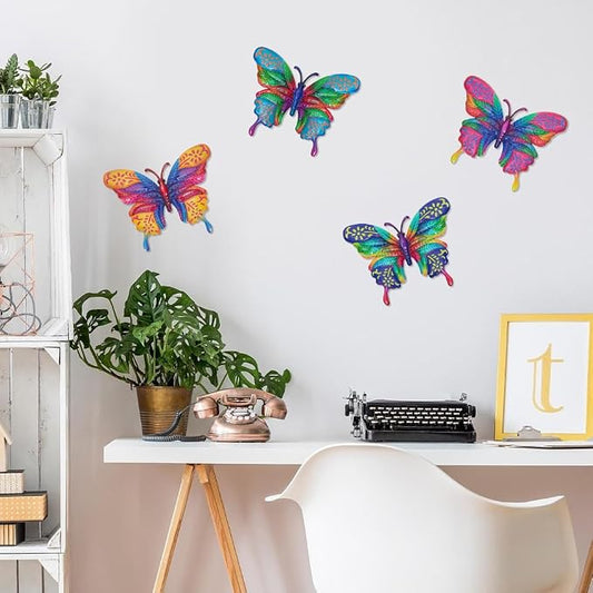dreamskip 4 Pcs Butterfly Wall Decor Art, Metal Butterflies Outdoor Wall Art with Colorful Leaves, Hand Painted Outdoor Decor For Garden, Yard, Fence, Patio Decoration