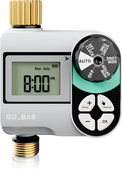 QUOBAS Brass Sprinkler Timer, Programmable Water Hose Timer for Garden Hose Faucet with Waterproof HD Screen, Rain Delay/Manual/Automatic Irrigation Watering System for Garden, Lawn, Yard