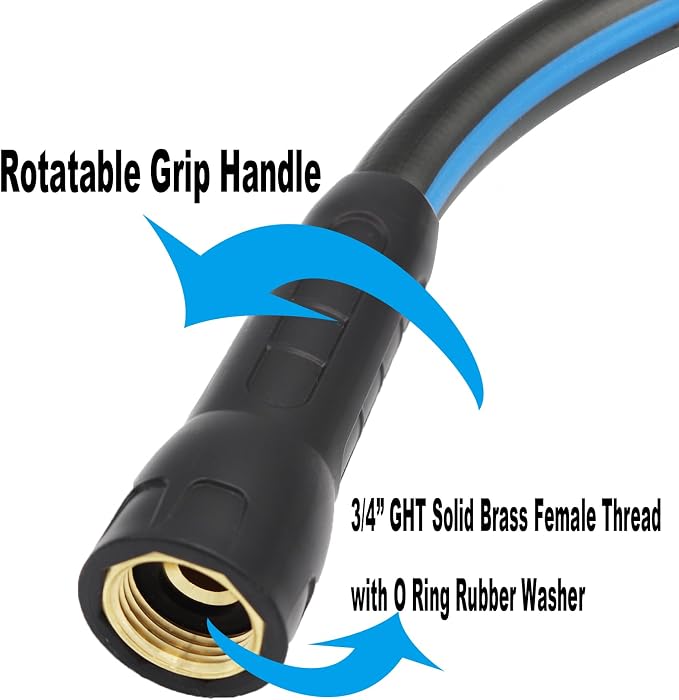 Hybrid Garden Hose 5/8 IN. x 50 FT, Heavy Duty, Lightweight, Flexible with Swivel Grip Handle and Solid Brass Fittings, Gray+Blue