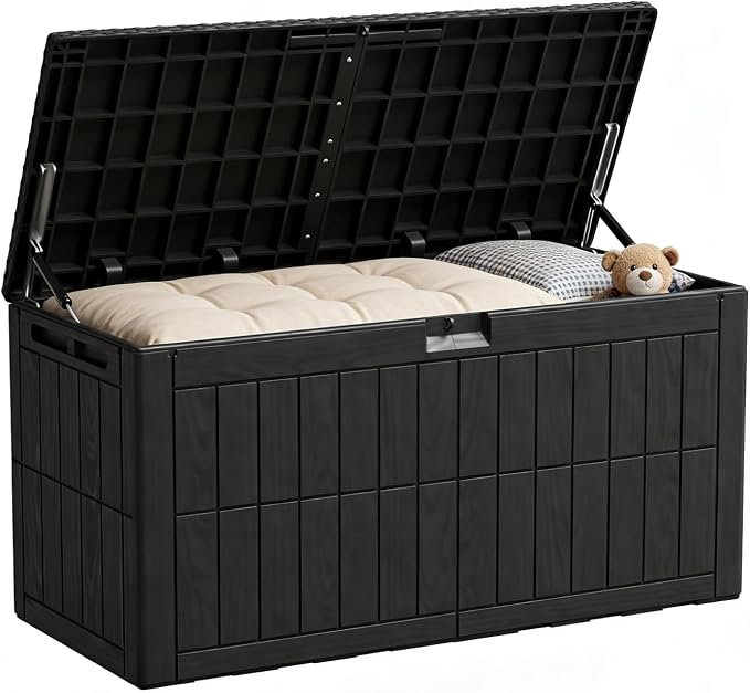 100 Gallon Outdoor Storage Box, Waterproof Lockable Deck Box | Resin Storage Bin for Patio Furniture Cushions, Garden Tools, Pool Supplies Organization, Indoor & Outdoor Use