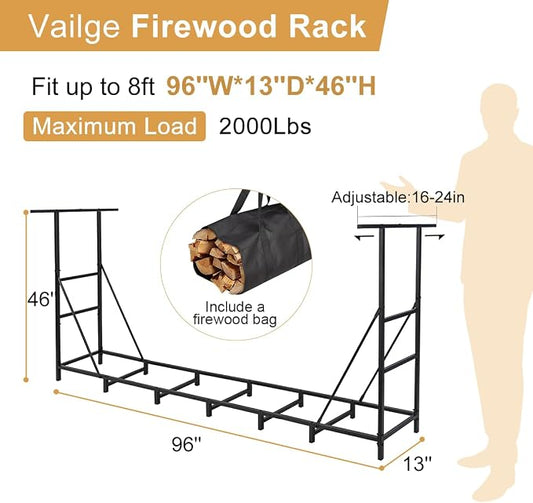 Vailge Firewood Rack Outdoor 8FT with Waterproof Firewood Carrier Bag, Adjustable Heavy Duty Steel Firewood Holder Storage, Log Rack for Fireplace, Fire Pit, Backyard, Camping