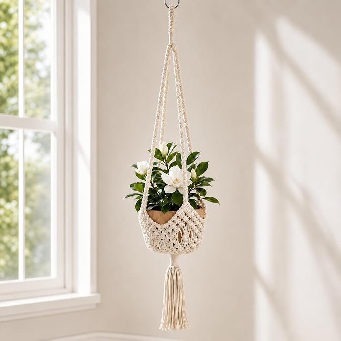 Shappy 1 Pack Boho Macrame Plant Hanger, Large Hanging Planter Plant Holder Pot Hanger Hanging Basket Wall Planters, Plants Lover Gift for Indoor Garden (Spiral Knot,White)