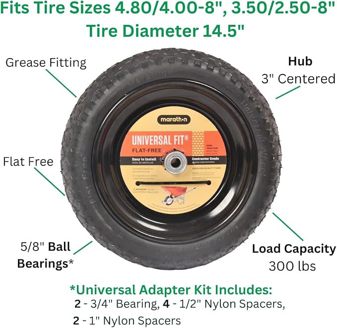 Universal Fit, Flat Free Wheelbarrow Tire and Wheel Assembly with Adapter Kit, black