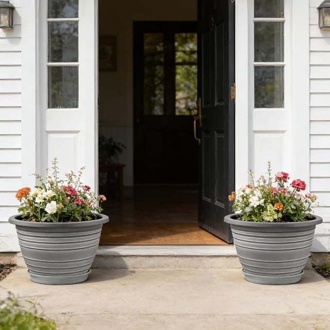 KPUVX Large-Planter-Indoor-Outdoor Plant Pots, 12 inch 3 Pack Plastic Flower Pots with Saucer and Drainage Holes, Retro Antique Imitation Decorative Garden Containers Sets for Houseplant