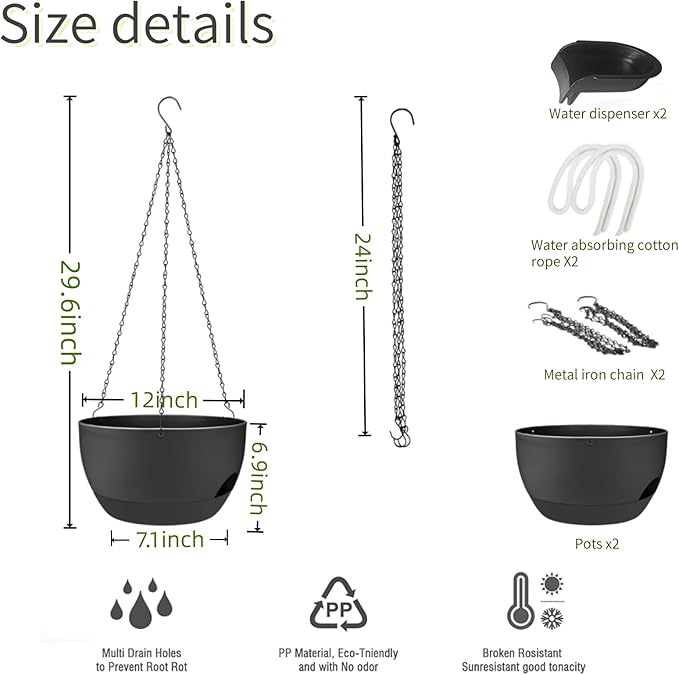 12 Inch Self Watering Hanging Planters 2 Pack, Black. | Plastic planters with drainage holes and saucers. Suitable for indoor, outdoor, kitchen, balcony and garden plant decor.