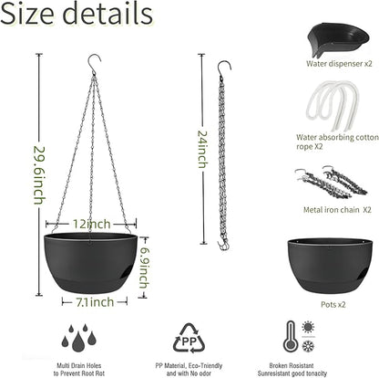 12 Inch Self Watering Hanging Planters 2 Pack, Black. | Plastic planters with drainage holes and saucers. Suitable for indoor, outdoor, kitchen, balcony and garden plant decor.