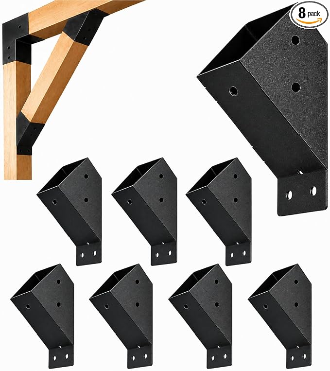 45 Degree Pergola Brackets for 4x4 Lumber, Q235 Steel, 8 Pack | Black Powder-Coated Finish, Drain Holes and 304 Stainless Steel Screws for Gazebos, Decks and Cabins