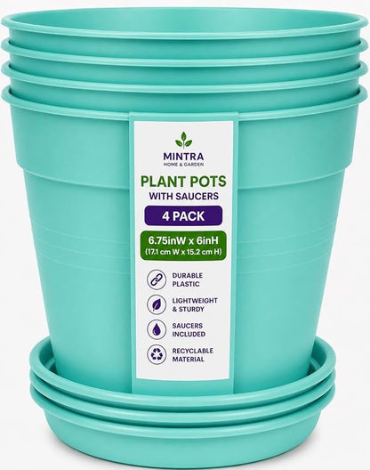 Mintra Garden Pots, 4 Pack Bulk Plastic Plant Pots with Drainage Tray, Round Indoor & Outdoor Decorative Planters with Drain Holes for Flowers, Herbs & Plants, 17cm Diameter – Teal, 6.6 in