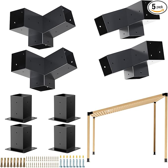 Pergola Kit, Slanted Roof Pergola Bracket, 3-Way Brackets with Post Base Kit, Log Cabin Outdoor 4"x 4" (Actual 3.5" X 3.5") Lumber