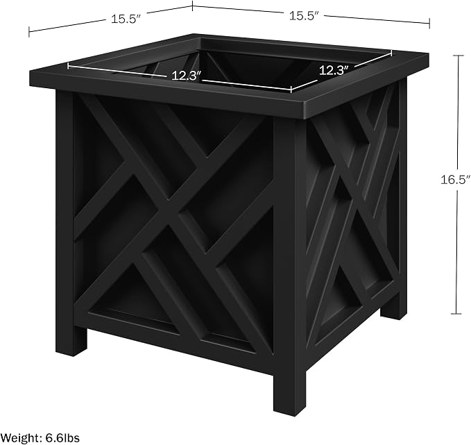 Pure Garden Lattice Design Planter Box - 15.5"D x 15.5"W x 16.5"H - Square Decorative Outdoor Flower or Plant Pot - Front Porch, Patio, and Garden Decor (Black)