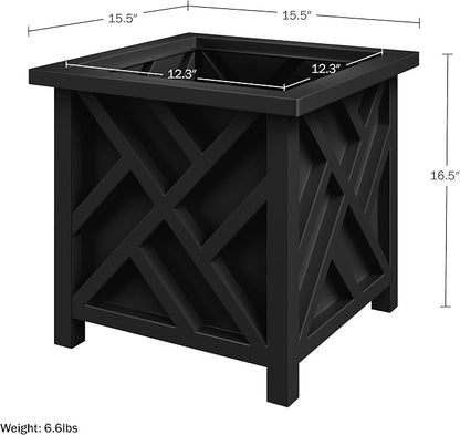 Pure Garden Lattice Design Planter Box - 15.5"D x 15.5"W x 16.5"H - Square Decorative Outdoor Flower or Plant Pot - Front Porch, Patio, and Garden Decor (Black)