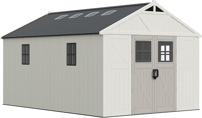 Greesum 10×14FT Plastic Outdoor Storage Shed with Floor and Lockable Door, Resin Sheds with 6-Windows and Multiple Skylights, HDPE Kick-it Shed for Garden, Patio, Backyard, Beige