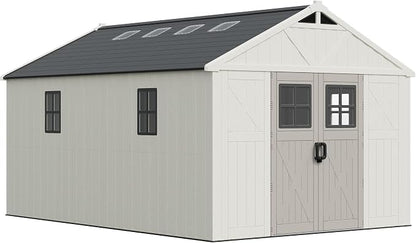 Greesum 10×14FT Plastic Outdoor Storage Shed with Floor and Lockable Door, Resin Sheds with 6-Windows and Multiple Skylights, HDPE Kick-it Shed for Garden, Patio, Backyard, Beige