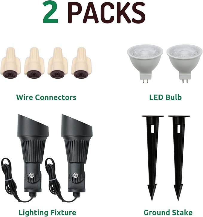 Lumina Lighting® 4W Landscape Lighting 12V Landscape Lights Low Voltage Landscape Spotlights Warm White Waterproof Outdoor Replaceable LED Bulb for Garden, Lawn, Porch, Patio and Yard (Black, 2-Pack)
