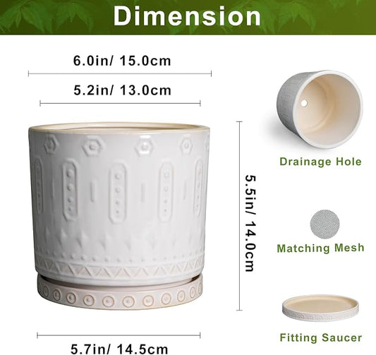 Eightpot Ceramic Planter, 6 Inch Pot for Plants with Drainage Holes and Tray, Round Plant Pots for Indoor Outdoor Plants, Boho Decorative Flower Pots, Home Room Decor, Gifts for Women, White