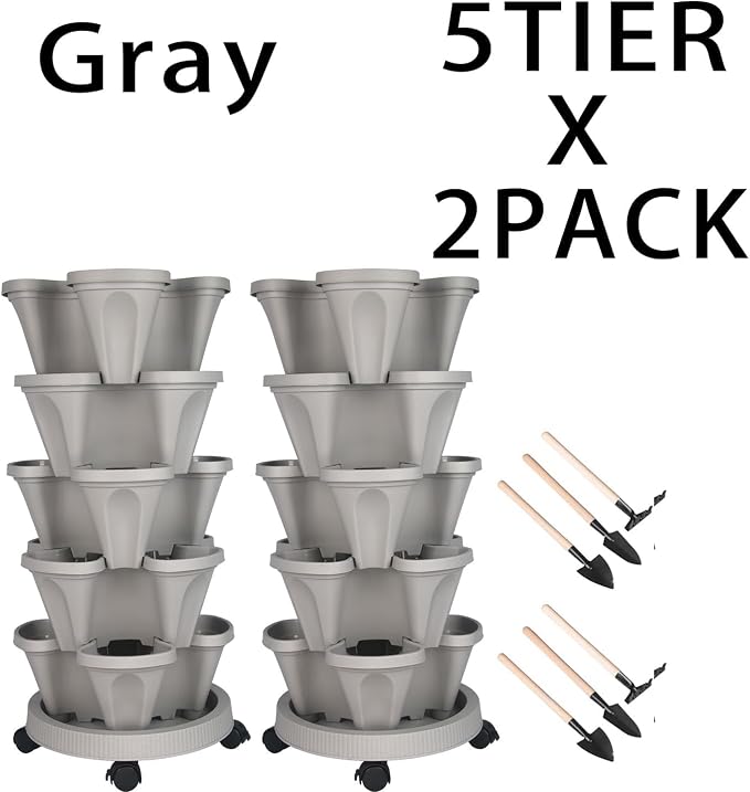 GameXcel Vertical Planter Tower - 7 Tier Stackable Garden Planters with Wheels and Tools Plant Pots for Strawberry Herb Flower and Vegetable Indoor Outdoor Use Gray