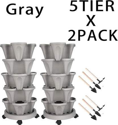 GameXcel Vertical Planter Tower - 7 Tier Stackable Garden Planters with Wheels and Tools Plant Pots for Strawberry Herb Flower and Vegetable Indoor Outdoor Use Gray