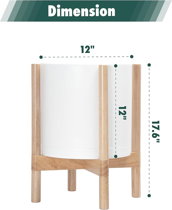 D'vine Dev Plastic Pot with Natural Wood Stand, White, 12 in, 55-C-P-1 | Mid-Century Inspired Design, Elevated Plant Display, Clean Lines, Sturdy Support, Modern Space-Saving Style
