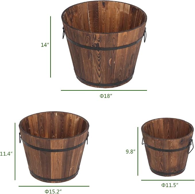 3 PCS Large Wooden Planter Barrel Set - Whiskey Real Wood Decor Plant pots, Rustic Flower Planters Pots Container w/Drainage Holes for Indoor Outdoor Garden Home Plants (18",15.2",11.5")