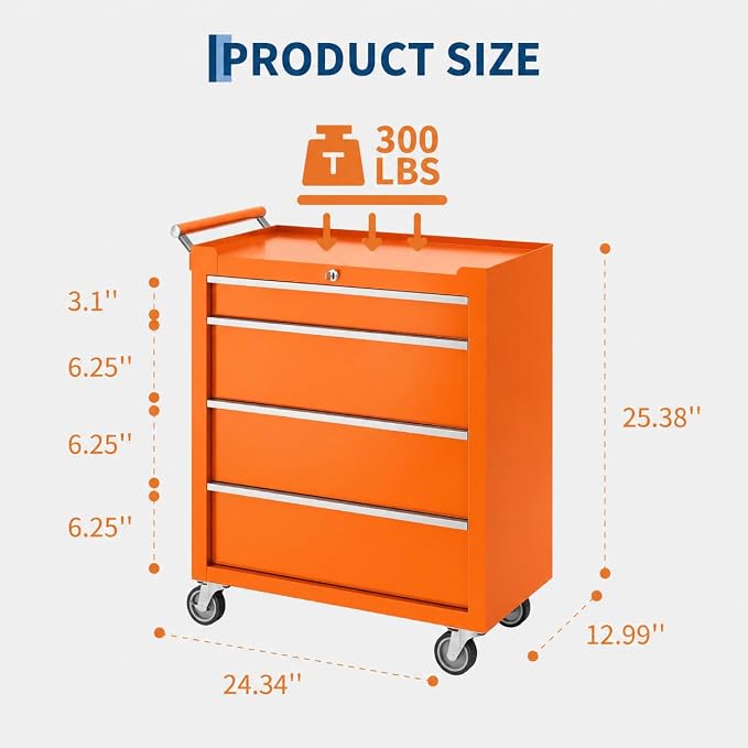 IDEALHOUSE Rolling Tool Chest, 5 Drawers Tool Storage Cabinet, Toolbox with Wheels, Portable Tool Cabinet Organizer with Locking System & Drawer Liners, Tool Storage Cart for Garage, Workshop, Orange