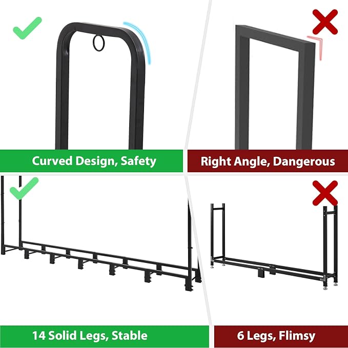 8FT Firewood Rack Outdoor with Cover, Heavy Duty Wood Holder with Log Carrier, Adjustable & Waterproof Log Holder Wood Storage Stand for Fireplace Patio Outdoor, Black