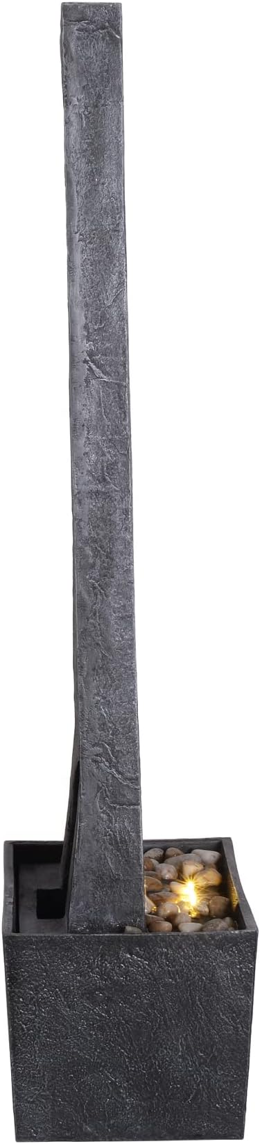 Teamson Home 38.5" Faux Slate Contemporary Outdoor LED Waterfall Fountain with Pebble Base, Gray/Black | Contemporary, Pebble Base