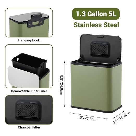 1.3 Gallon/5L Slim Stainless Steel Trash Can with Lid, Odor Control Charcoal Filter, Removable Bucket, Hanging/Wall Mounted/Standing Waste Bin for Kitchen, Bathroom, Bedroom, Office - Green