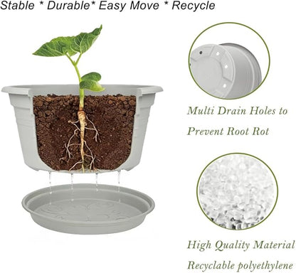 MRPAPA 6 Pack Large 10 Inch Plastic Plant Pot, Outdoor Indoor Round Planters Pots with Drainage Hole & Tray Saucer,Decoration Pots for Home,Patio & Garden (Grey White)