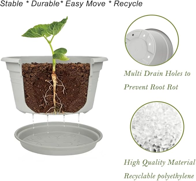 MRPAPA Round Plastic Pots for Plants, Outdoor Planters with Drainage Hole & Tray Saucer, Decoration Large Flower Pots for Indoor Outdoor Garden Home Plants (4, Gray White, 13 Inch)