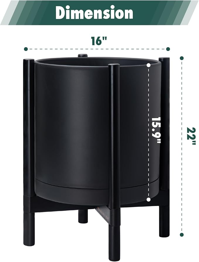 D'vine Dev Plastic Pot with Ebony Wood Stand, Black, 16 in, 55-C-Z-2 | Mid-Century Inspired Design, Elevated Plant Display, Clean Lines, Sturdy Support, Modern Space-Saving Style