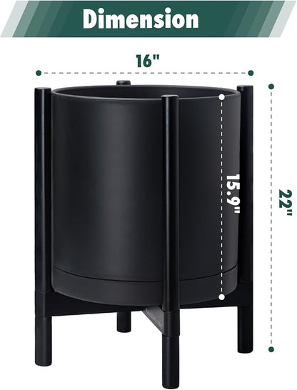 D'vine Dev Plastic Pot with Ebony Wood Stand, Black, 16 in, 55-C-Z-2 | Mid-Century Inspired Design, Elevated Plant Display, Clean Lines, Sturdy Support, Modern Space-Saving Style