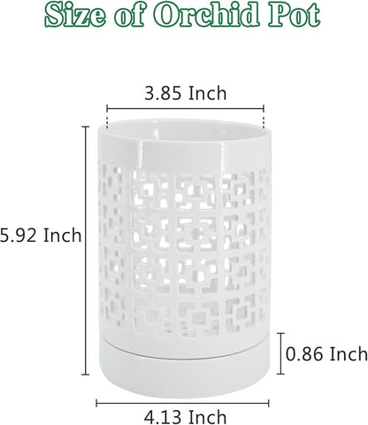 Orchid Pots with Holes 4 Inch, Ceramic Orchid Pot for Repotting with Saucers,More Ventilation Hole Easy Breathing, Plant Pot for Repotting Orchids and Other Flowers - Indoor/Outdoor White