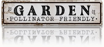 Garden Metal Tin Sign, Vintage Farmhouse Decor, Garden Pollinator Friendly, Gardening Wall Decor for Yard Fence Door Porch, Bee Butterfly Indoor Outdoor Gardens Decoration, 15.7 x 3.9 Inches