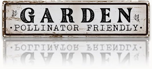Garden Metal Tin Sign, Vintage Farmhouse Decor, Garden Pollinator Friendly, Gardening Wall Decor for Yard Fence Door Porch, Bee Butterfly Indoor Outdoor Gardens Decoration, 15.7 x 3.9 Inches