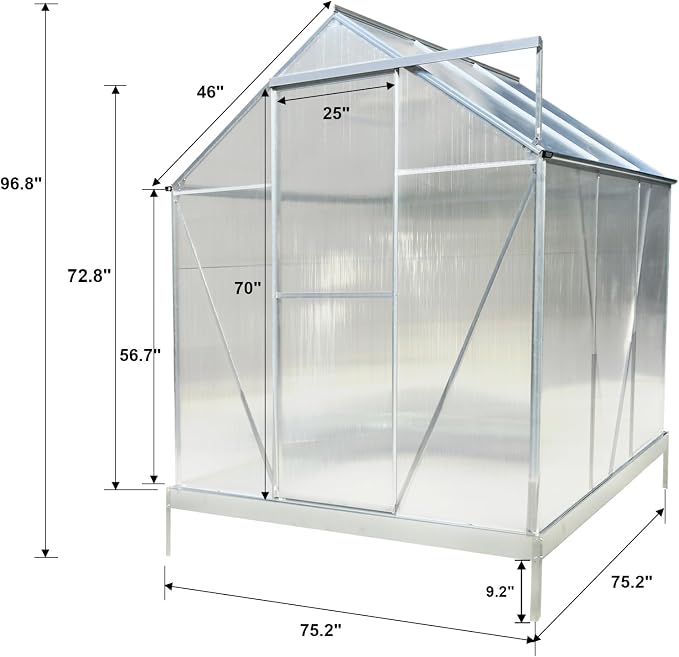 6x6 FT Greenhouse, Walk-in Polycarbonate Greenhouse, Heavy Duty Aluminum Outdoor Green House Kit with Sliding Door, Roof Vent, Rain Gutter for Backyard Garden All Season Growing, Sliver