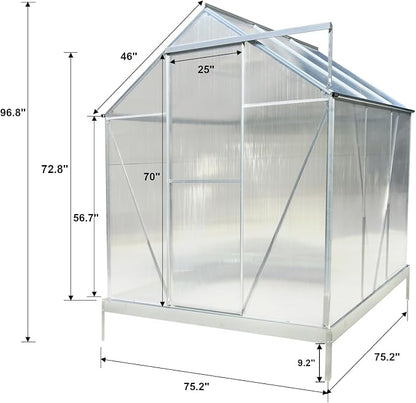 6x6 FT Greenhouse, Walk-in Polycarbonate Greenhouse, Heavy Duty Aluminum Outdoor Green House Kit with Sliding Door, Roof Vent, Rain Gutter for Backyard Garden All Season Growing, Sliver