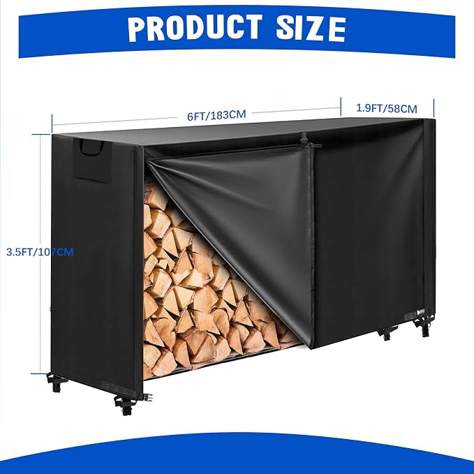 KALINCO 6FT Firewood Rack Cover, Heavy Duty 600D Waterproof Outdoor Firewood Storage Cover with Zipper and Hook Loop Tape (Log Rack not Included)
