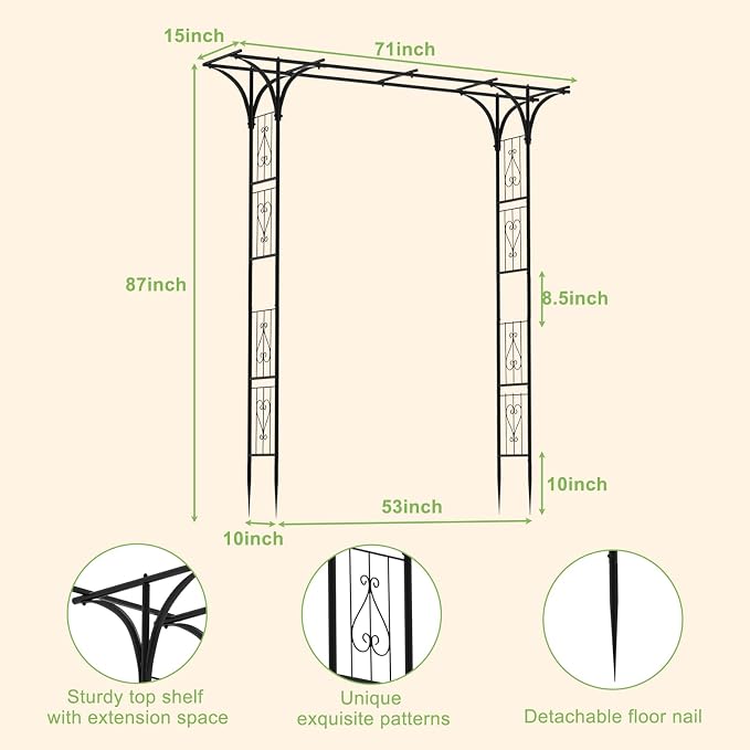 7FT Garden Arch Arbor, Steel Frame Stand Trellis for Climbing Plants, Outdoor Archway Gate for Wedding Ceremony Decoration Party Vines Lawn Courtyard Patio Backyard