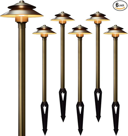Gardencoin Solid Brass Low Voltage Landscape Pathway Lights (6'' Shade, 19'' Tall), 12V LED Heavy Duty Path Lighting Outdoor Wired, Waterproof Antique Bronze Walkway Light Without G4 Bulb,6 Pack